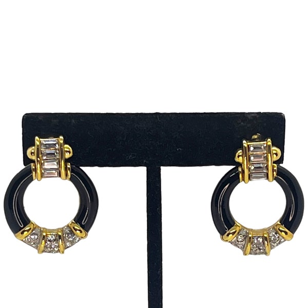 SPECTACULAR Vintage Door Knocker Earrings 1980s 1990s Runway Black Gold Rhinestone Geometric Drops Quality Statement Jewelry