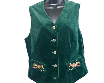 Vintage Holiday Christmas Velvet Vest 1990s Y2K Forest Green Cotton Embroidered Button Up by Susan Bristol Size 10