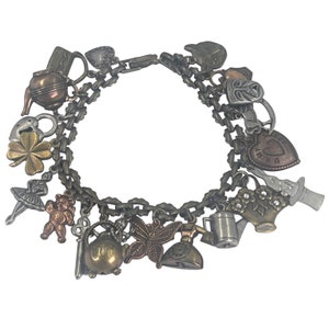 Vintage Antique Style Charm Bracelet 1980s 1990s Bronze Silver Victorian Edwardian Revival Valentines Day Statement Jewelry