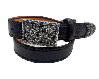 Vintage 1990s Brighton Leather Belt Black Imitation Crocodile Silver Tone Floral Buckle  Classic Statement Western Boho Accessory Size 32 M