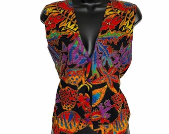 Vintage Creazioni Effeci Batik Vest Boho Cotton Handmade Indonesia Fish Floral Vest Size M