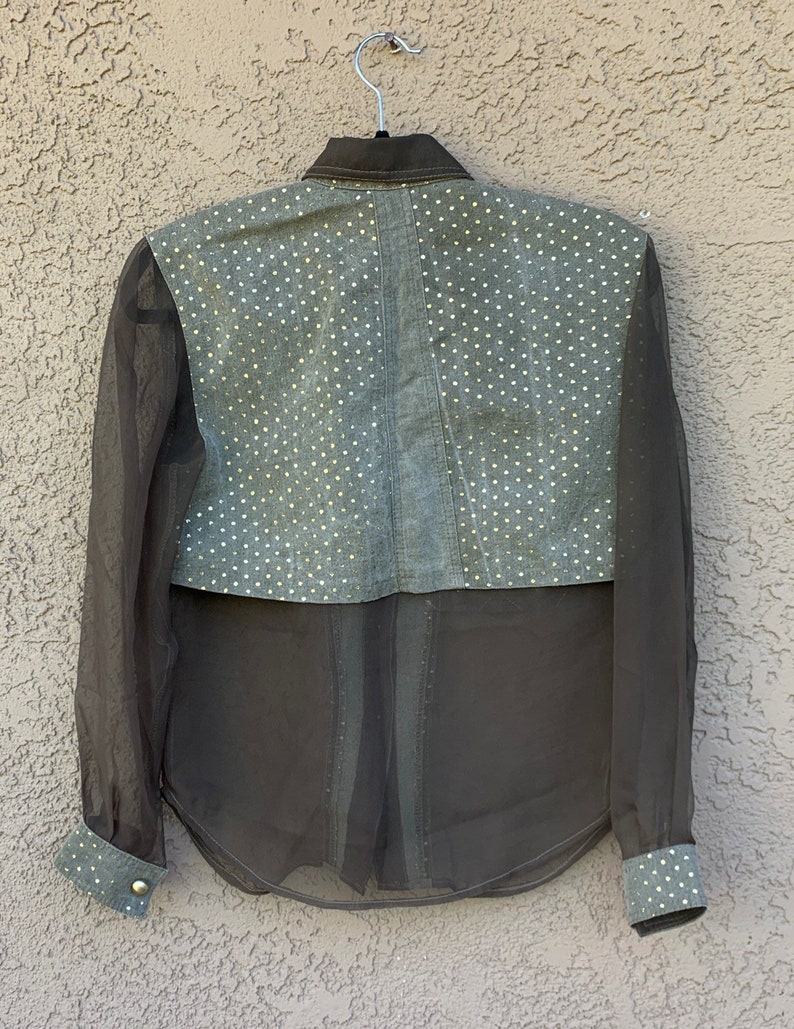 SUPERB Vintage Vera Cristina Blouse 1980s 1990s Runway Couture Khaki Green Quilted Denim with Sheer Chiffon Sleeves Gold Polka Dot Studded S