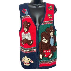 Vintage Christmas Sweater Vest Colorful 1990s Gingerbread Men House Holiday Ugly Tacky Grandmacore by Marissa Christina Petite S