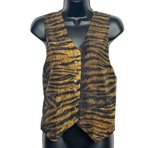 Vintage Silk Club Tiger Vest 1980s 1990s Statement Animal Print Stripe Retro Womens Fashion Size M