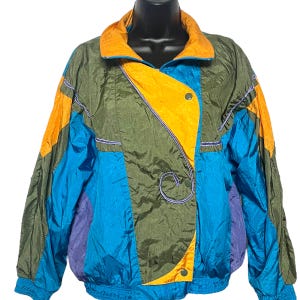 Vintage Colorblock Nylon Windbreaker 1980s 1990s Jacket Blue Green Yellow Multicolor Oversized Retro Statement Size Petite S by Casual Isle