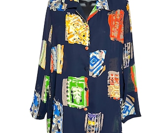 Vintage Sheer Abstract Blouse: 80s/90s Multicolor Art to Wear