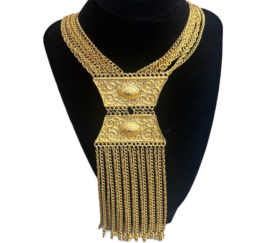 Vintage 1960s Gold Tassel Pendant Necklace 1970s Midcentury Byzantine