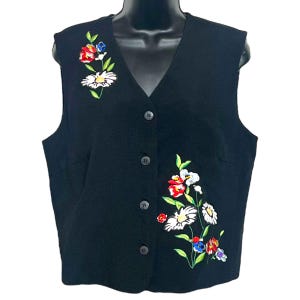 Vintage Carole Little Embroidered Vest 1980s 1990s Black Multicolor Flowers Embellished Size 12 Cottagecore Grandmacore Teacher Spring