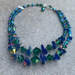 Beaded Art Glass Light Green Opalescent Pearlescent and Green Aurora Borealis Beads Necklace Cluster Beaded Clip On Earrings 1940s 1950s