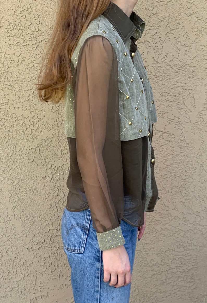 SUPERB Vintage Vera Cristina Blouse 1980s 1990s Runway Couture Khaki Green Quilted Denim with Sheer Chiffon Sleeves Gold Polka Dot Studded S