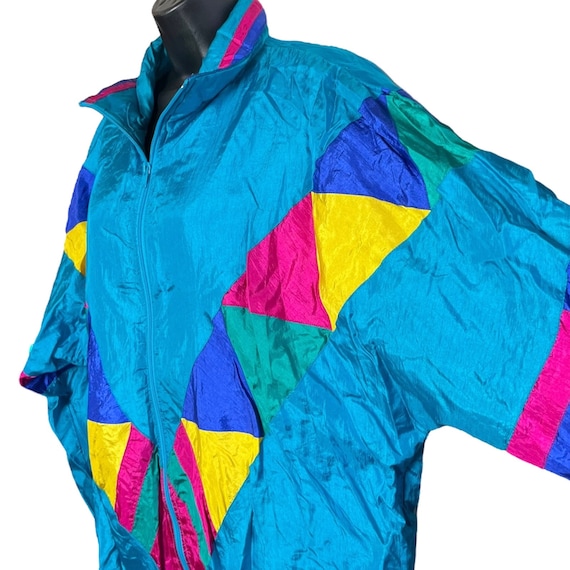 Vintage 1980s 1990s Windbreaker Jacket Blue Rainb… - image 2