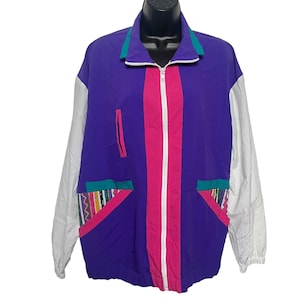 Vintage Teddi Colorful Geometric Windbreaker 1980s 1990s Jacket Purple Pink Oversized Retro Statement Size L XL