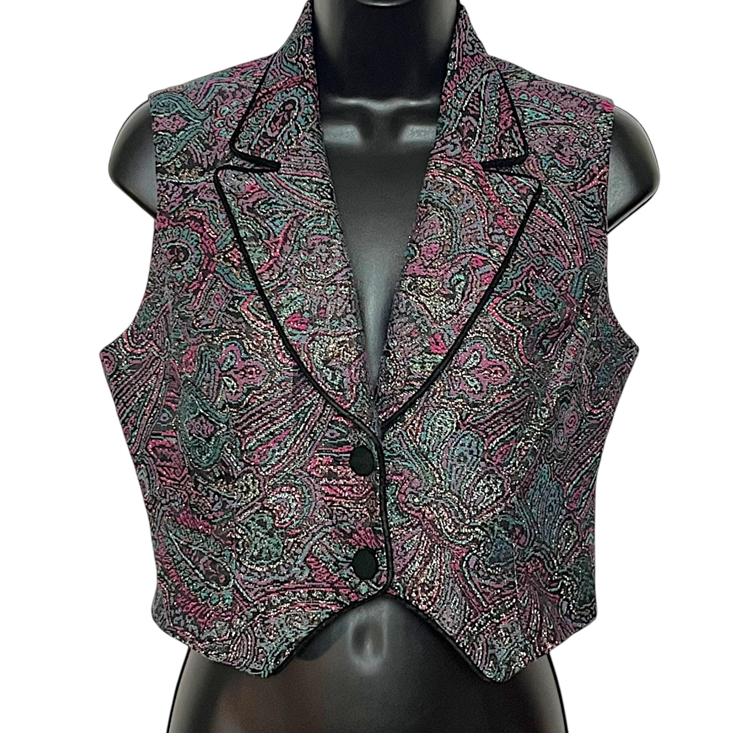 Vintage Paisley Cropped Vest 1980s 1990s Black Pink Blue