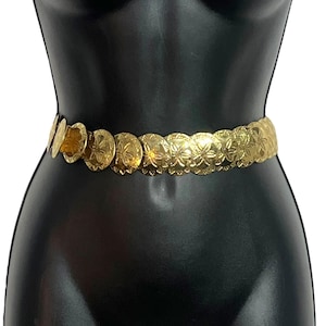 Vintage Gold Floral Fish Scale Belt 1980s 1990s Stretch Chunky Circles Retro Womens Fashion Accessory Plus Size XL 2XL