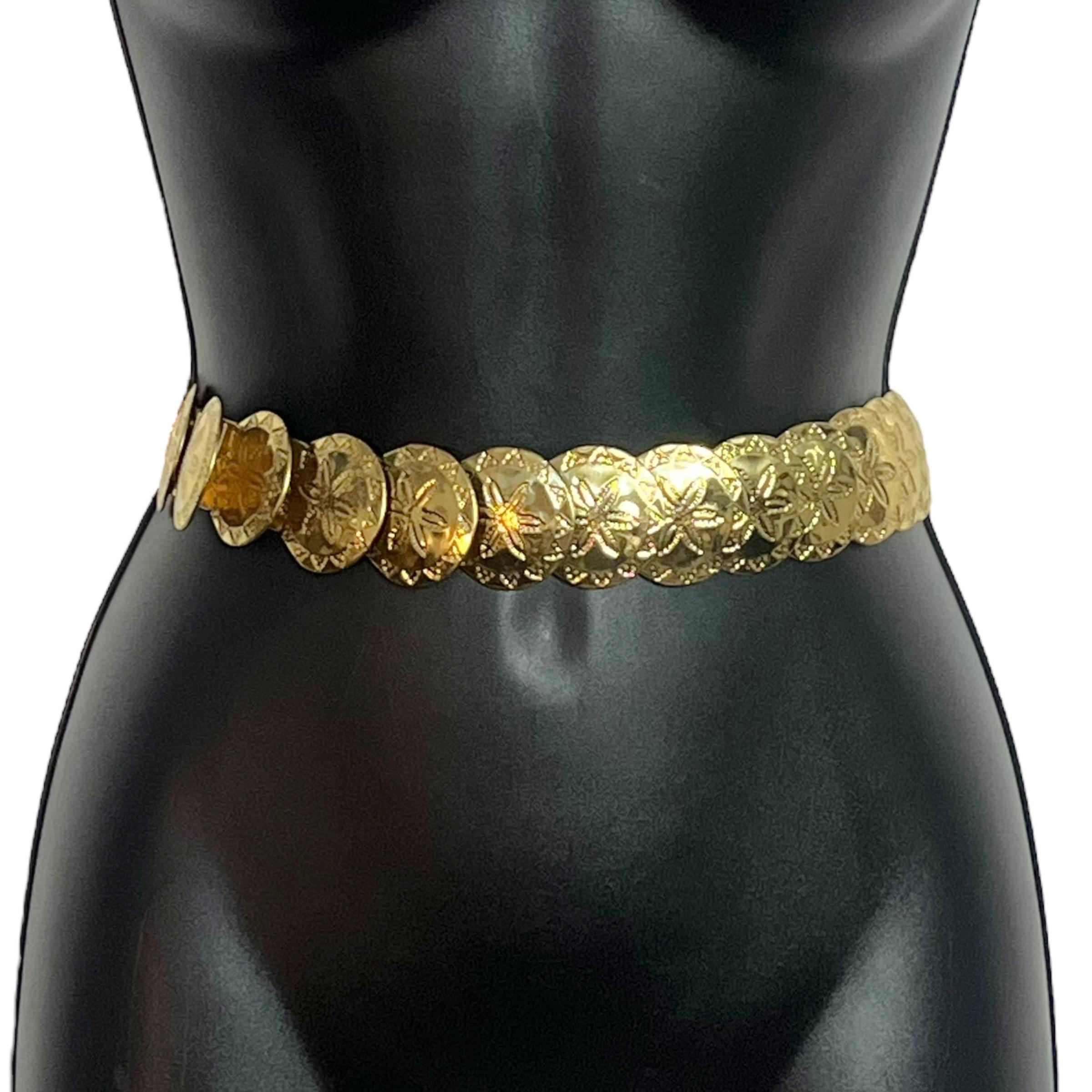 Vintage Gold Plus-Sized Stretchy Scale Layered Waist Belt 1990s Flower Buckle HK Vintage Gold Stretchy 80s Belt Fabric Clasp Belt Flower  main image 3