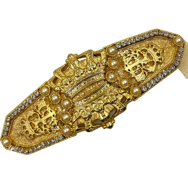 Vintage Accessocraft Ornate Belt Buckle 1970s 1980s Runway Couture Large Gold Filigree Crown Rhinestone Pearl Designer Statement Accessory