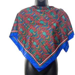 Vintage Blue & Red Floral Scarf 1980s 1990s Aesthetic Art Nouveau Print Ladies Statement Fashion Accessory