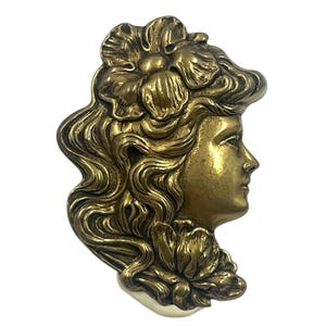 Vintage Art Nouveau Woman Style Brooch Pin Antiqued Pressed Brass Woman’s Profile Head with Flowers Edwardian Statement Jewelry