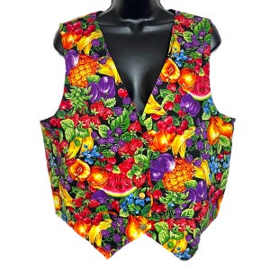 Vintage Handmade Fruit Salad Vest 1980s 1990s Colorful Cotton Cottagecore Grandmacore Retro Teacher Size M