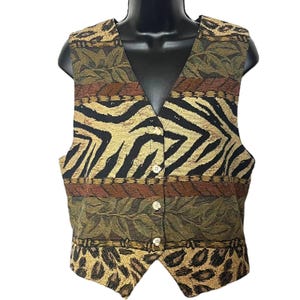 Vintage Animal Print Tapestry Vest 1980s 1990s Statement Black Leopard Cheetah Botanical Retro Cottagecore Grandmacore S by On The Verge