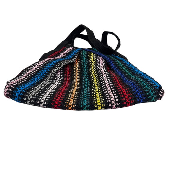 Vintage Black Rainbow Tote Bag Purse Woven Stripe… - image 5