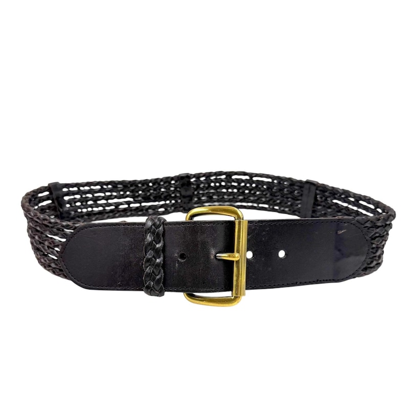 Vintage Brighton 80s 90s Black Braided Stretch Leather Belt Brass Buckle Size L image 1