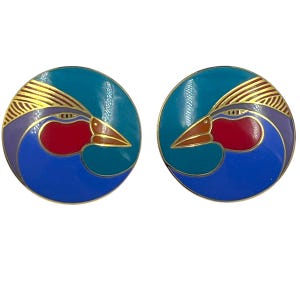 Vintage Laurel Burch Bird Earrings 1980s 1990s “Harlequin Bird” Colorful Boho Bohemian Blue Red Purple Eclectic Designer Statement Jewelry