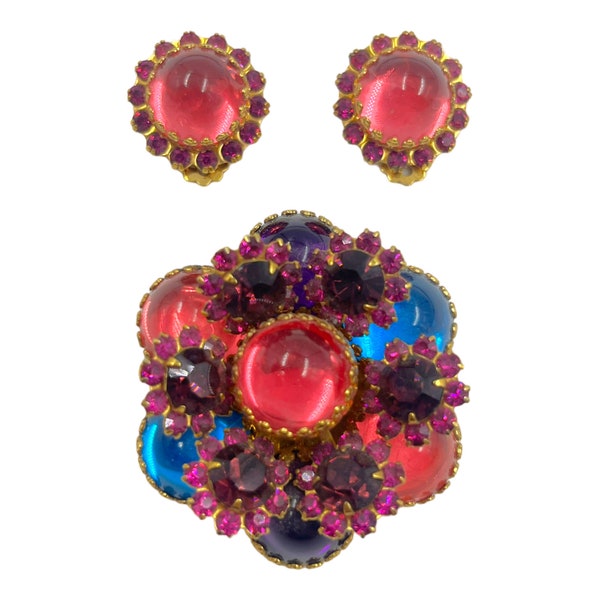 Vintage Selro Selini Jewelry Set Brooch Pin Earrings 1950s 1960s Midcentury Colorful High Dome Cabochon Flower Designer Statement Jewelry