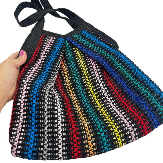 Vintage Black Rainbow Tote Bag Purse Woven Stripe… - image 3