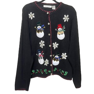 Vintage Snowman Christmas Holiday Sweater 1990s Y2K Grandmacore Cottagecore Button Up Party Cardigan Size S by Victoria Jones XL