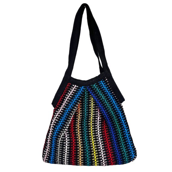 Vintage Black Rainbow Tote Bag Purse Woven Stripe… - image 1