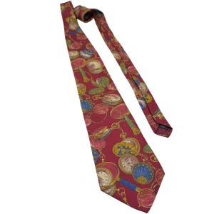 Vintage 80s 90s Surrey Silk Tie Antique Pocket Watch & Gold Chain Timepiece Pattern