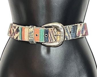 Vintage Tapestry Striped Belt: 1980s Retro Silver Buckle, Size M
