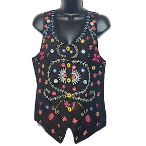 Vintage Floral Embroidered Vest 1980s 1990s Black Colorful Boho Flowers 100% Cotton by At Last and Co Size L