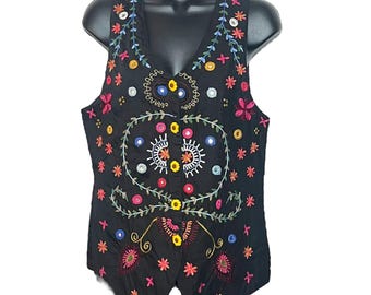 Vintage Floral Embroidered Vest: Black Cotton Boho, Size L