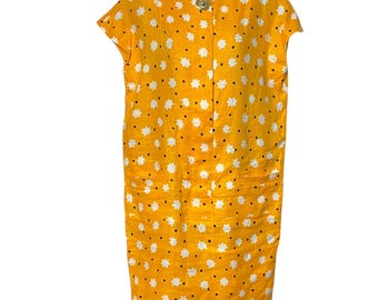 Vestido vintage de lino de Rickie Freeman para Teri Jon: lunares con estrellas amarillas, talla 4