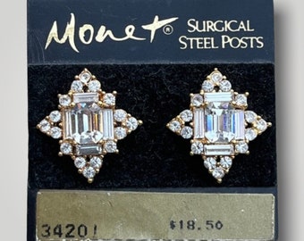 EXQUISITE Vintage Monet Earrings 1980s 1990s Victorian Edwardian Revival Maltese Cross Rhinestone Designer Statement Costume Jewelry