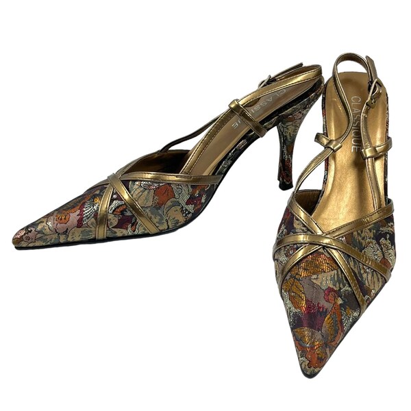 Vintage Classique Butterfly Embroidered Heels 1990s Y2K Strappy Pointy Toe Pumps Shoes Metallic Satin Brocade