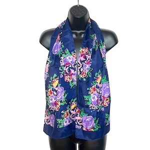 Vintage Floral Silk Scarf: Navy, Purple Roses, Retro Accessory