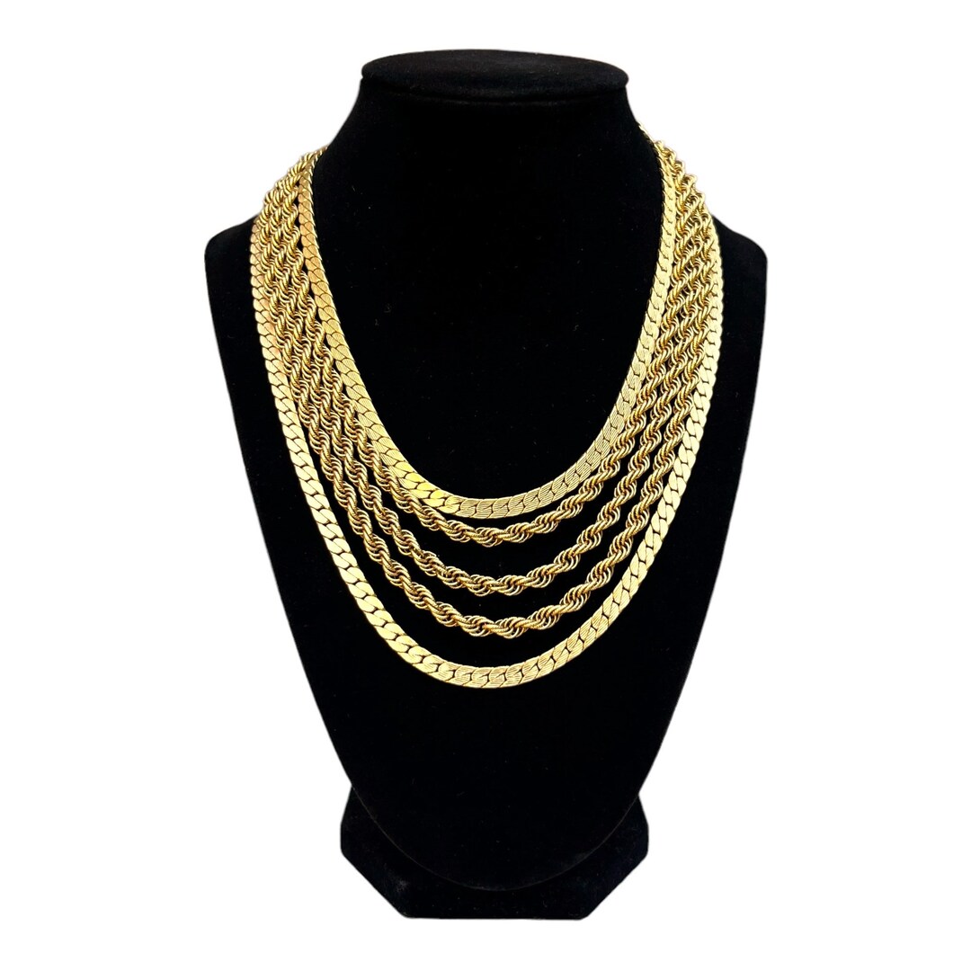 Vintage Gold Multi Chain Necklace 1960s 1970s Rope Flat Link