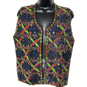 Vintage Beaded Mirrored Embroidered Vest 1980s 1990s Colorful Boho Ethnic India Geometric 100% Cotton Passports by Pier One Imports Size M