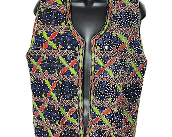 Vintage Beaded Embroidered Vest: 1980s Boho Ethnic Cotton, Size M