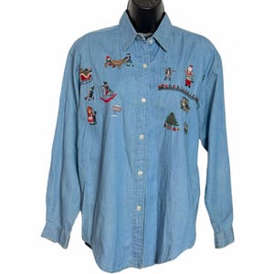 Blusa vintage Woolrich navideña con botones, bordada, de mezclilla chambray, talla S