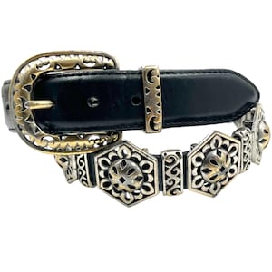 Ceinture vintage Brighton Style Concho des années 1990 en cuir noir argenté matériel Boho du sud-ouest des dames Festival déclaration accessoire de cow-girl S