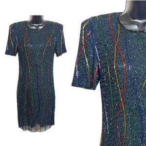 Vintage Beaded Sequin Silk Dress 1980s 1990s Cocktail Party Formal Special Occasion Black Multicolor Stripe Embellished Sz 10 by Styleworks