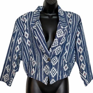 Vintage 90s Aztec Tribal Western Denim Cropped Jacket Boho Southwestern S M