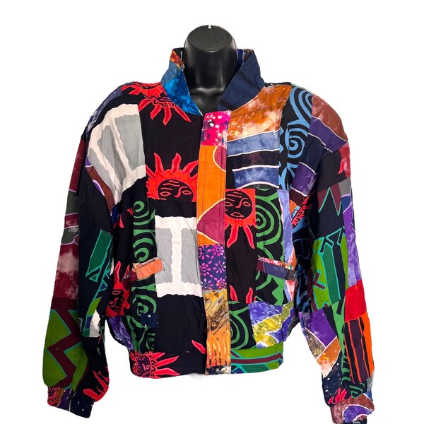 UNIQUE Vintage Boho Patchwork Jacket 1980s 1990s Colorful Batik Sun Hippie Streetwear Quilted Guci Dewata Made in Bali Indonesia Size S