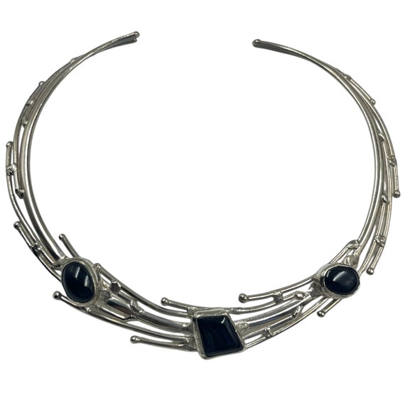 Vintage Silver Black Choker Necklace 1980s 1990s … - image 1