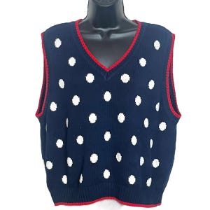 Vintage Liz Claiborne Sweater Vest 1990s Y2K Red White & Blue V Neck Cotton Polka Dot Patriotic Nautical Preppy Retro Size L