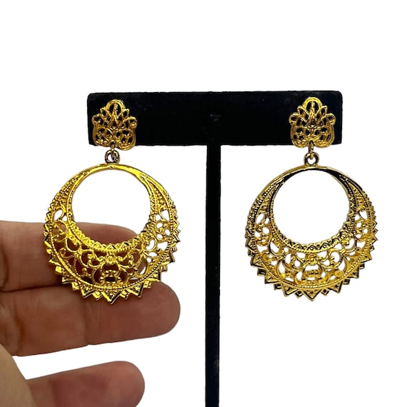 Vintage Gold Hoop Drop Earrings 1980s 1990s Ornat… - image 2